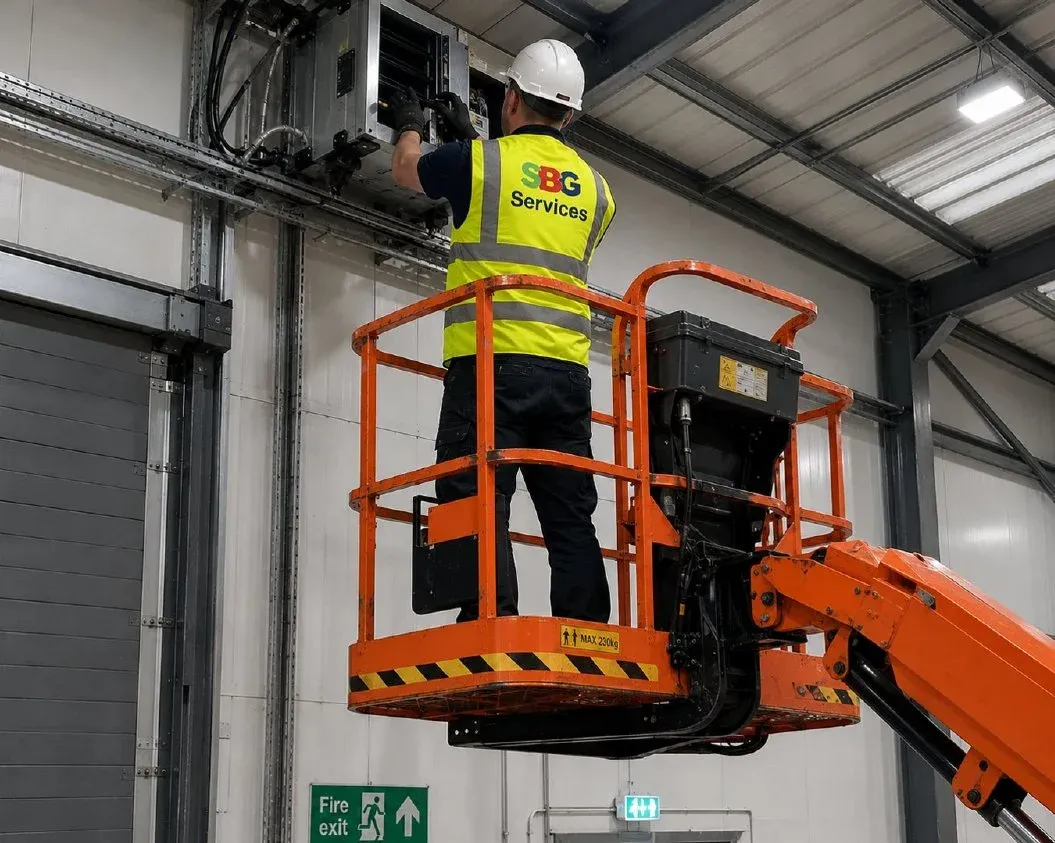 SBG Services operative in hi-vis working on electrical equipment from an access platform